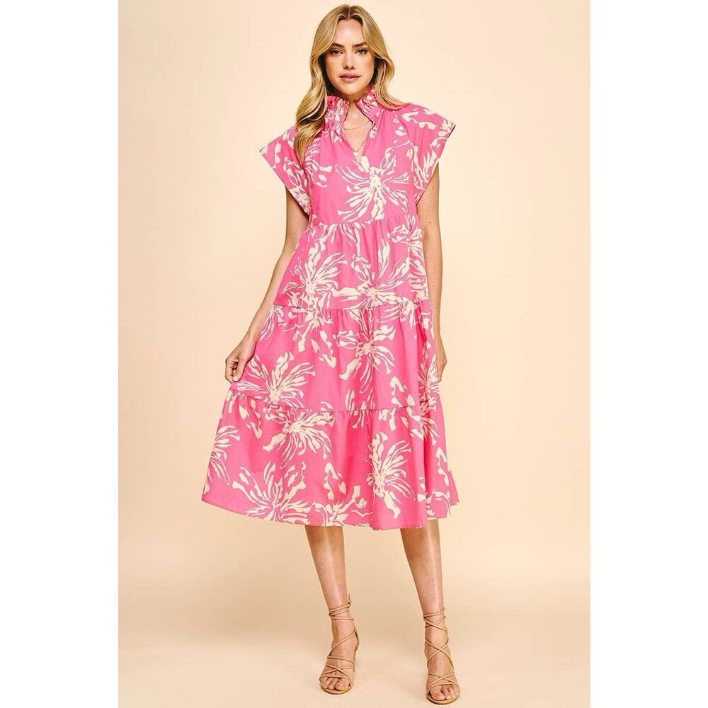 PINCH Pink Floral Tiered Midi Collared A-Line Dress, Sleeveless, Size S